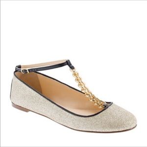 [J Crew Collection] Glitter Gold Chain T Strap Flats